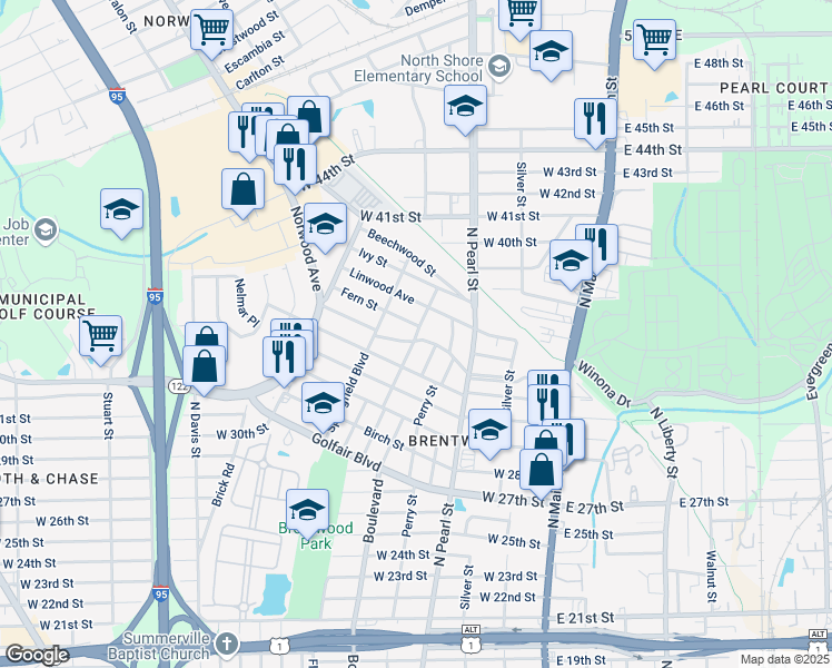 map of restaurants, bars, coffee shops, grocery stores, and more near 438 Long Branch Boulevard in Jacksonville