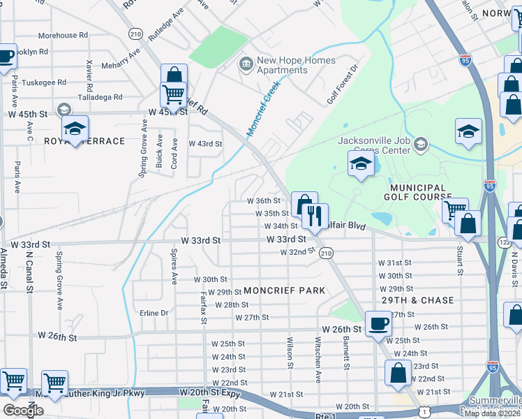 map of restaurants, bars, coffee shops, grocery stores, and more near 1578 West 35th Street in Jacksonville