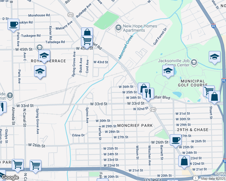 map of restaurants, bars, coffee shops, grocery stores, and more near 1636 West 35th Street in Jacksonville