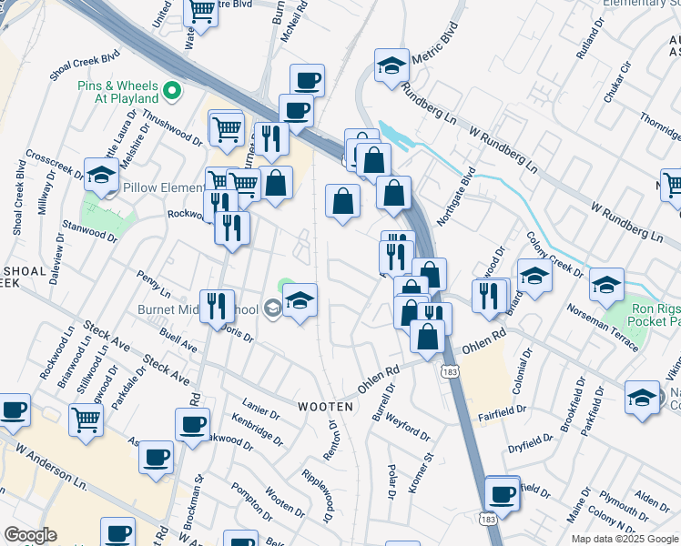 map of restaurants, bars, coffee shops, grocery stores, and more near 1908 Hearthside Drive in Austin