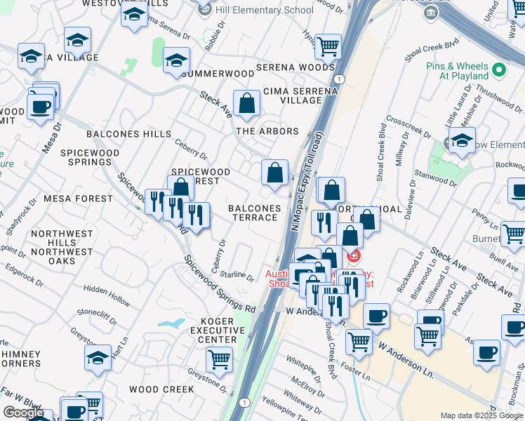 map of restaurants, bars, coffee shops, grocery stores, and more near 8100 North Mopac Expressway in Austin