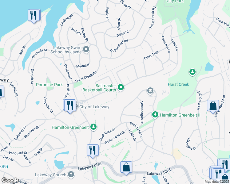 map of restaurants, bars, coffee shops, grocery stores, and more near 216 Sailmaster Street in Lakeway
