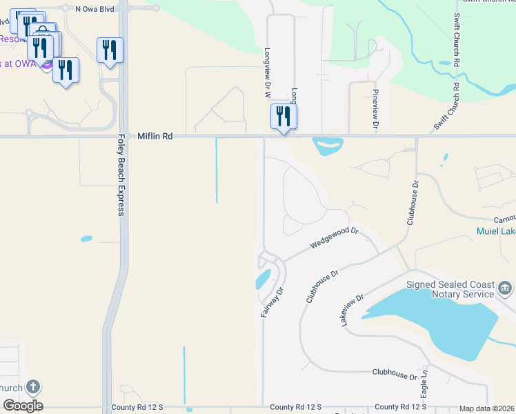 map of restaurants, bars, coffee shops, grocery stores, and more near 9695 Fairway Drive in Foley