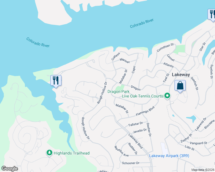 map of restaurants, bars, coffee shops, grocery stores, and more near 802 Rough Hollow Drive in Austin