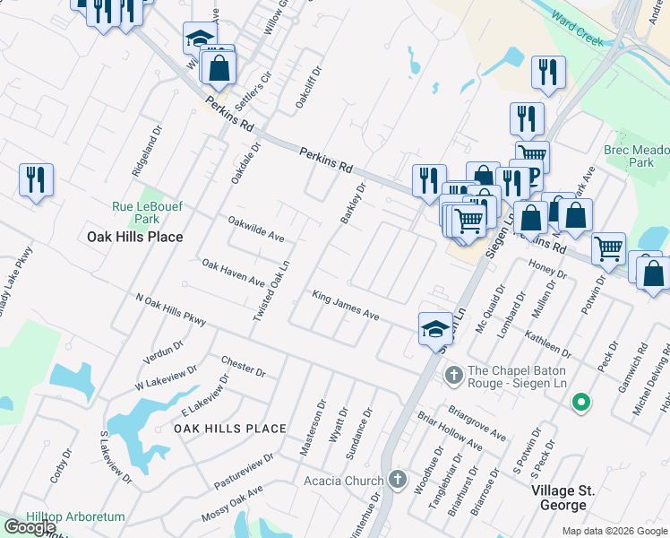 map of restaurants, bars, coffee shops, grocery stores, and more near 12332 Shireburk Avenue in Baton Rouge