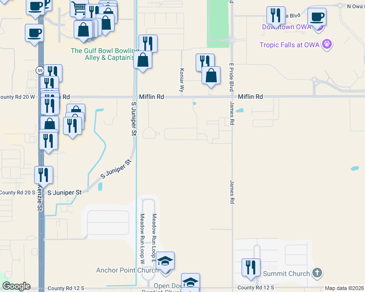 map of restaurants, bars, coffee shops, grocery stores, and more near 20750 Miflin Road in Foley