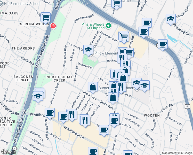 map of restaurants, bars, coffee shops, grocery stores, and more near 8310 Stillwood Lane in Austin