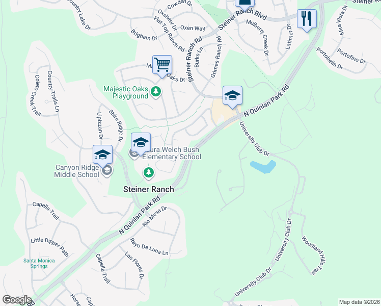 map of restaurants, bars, coffee shops, grocery stores, and more near North Quinlan Park Road in Austin