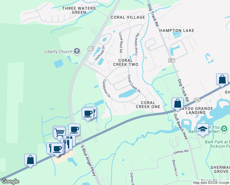 map of restaurants, bars, coffee shops, grocery stores, and more near 7035 Andros Drive in Pensacola