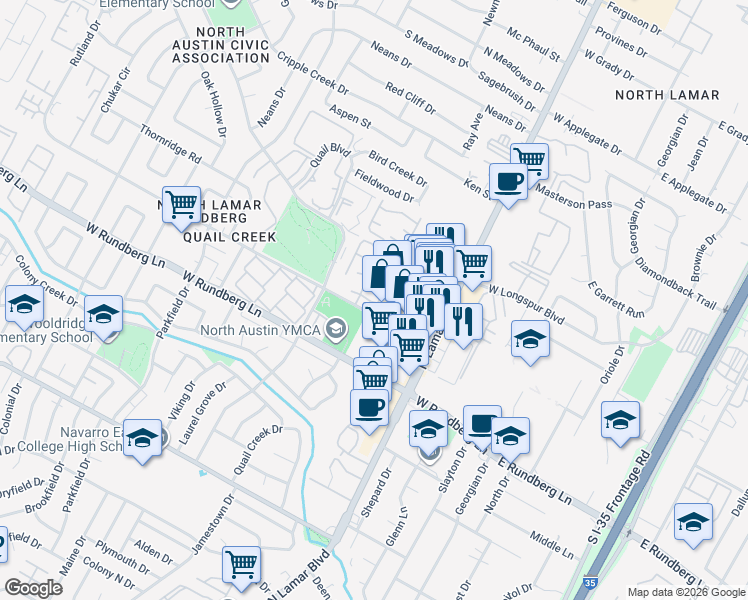 map of restaurants, bars, coffee shops, grocery stores, and more near 900b Rutland Drive in Austin