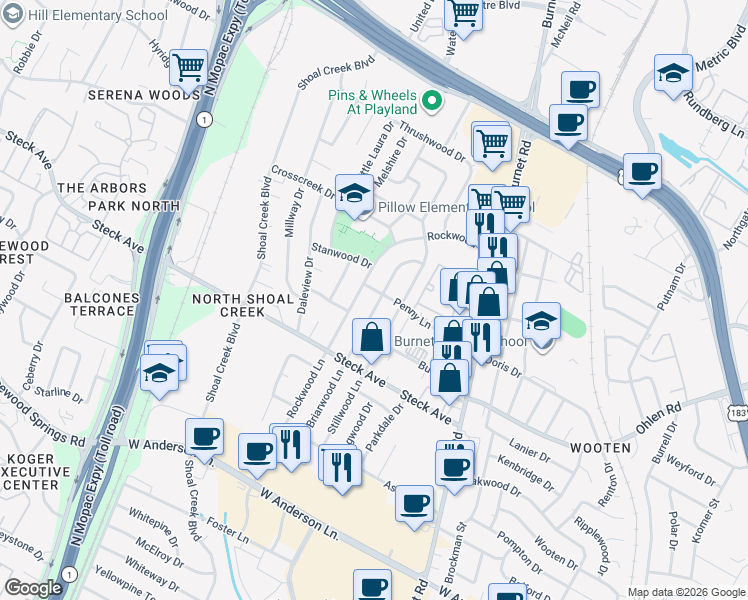 map of restaurants, bars, coffee shops, grocery stores, and more near 8308 Briarwood Lane in Austin