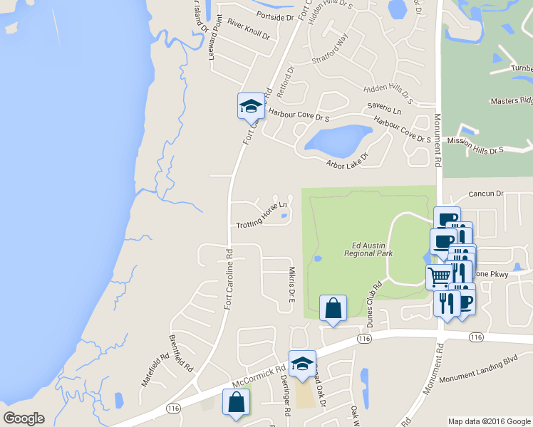 map of restaurants, bars, coffee shops, grocery stores, and more near 11322 Trotting Horse Lane in Jacksonville