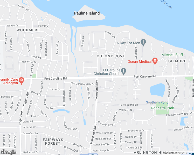 map of restaurants, bars, coffee shops, grocery stores, and more near Fort Caroline Rd & Townsend Blvd in Jacksonville