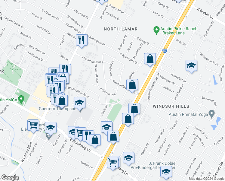 map of restaurants, bars, coffee shops, grocery stores, and more near 303 East Garrett Run in Austin