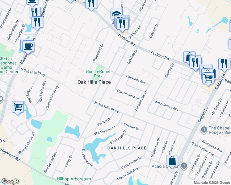 map of restaurants, bars, coffee shops, grocery stores, and more near 11843 Towering Oaks Drive in Baton Rouge