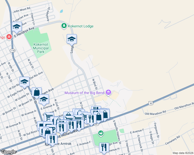 map of restaurants, bars, coffee shops, grocery stores, and more near North Hancock Drive in Alpine