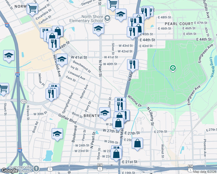 map of restaurants, bars, coffee shops, grocery stores, and more near 115 Fern Street in Jacksonville
