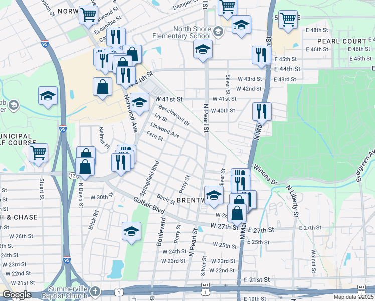 map of restaurants, bars, coffee shops, grocery stores, and more near 438 Long Branch Boulevard in Jacksonville