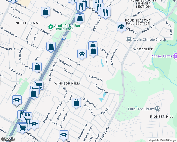 map of restaurants, bars, coffee shops, grocery stores, and more near 1100 Somerset Avenue in Austin