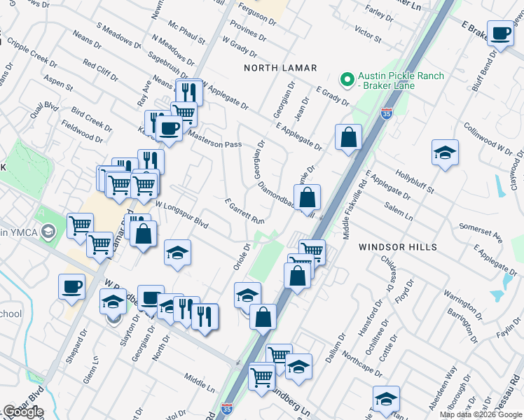 map of restaurants, bars, coffee shops, grocery stores, and more near 303 East Garrett Run in Austin