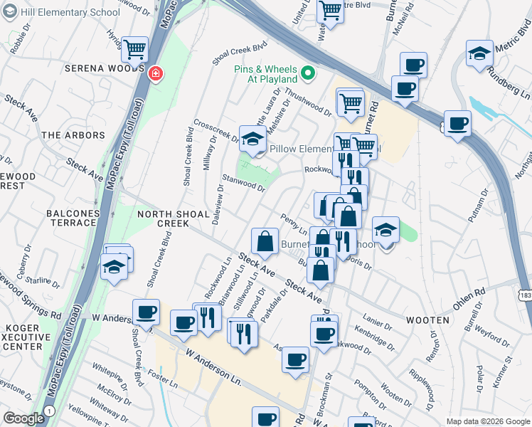map of restaurants, bars, coffee shops, grocery stores, and more near 8310 Stillwood Lane in Austin