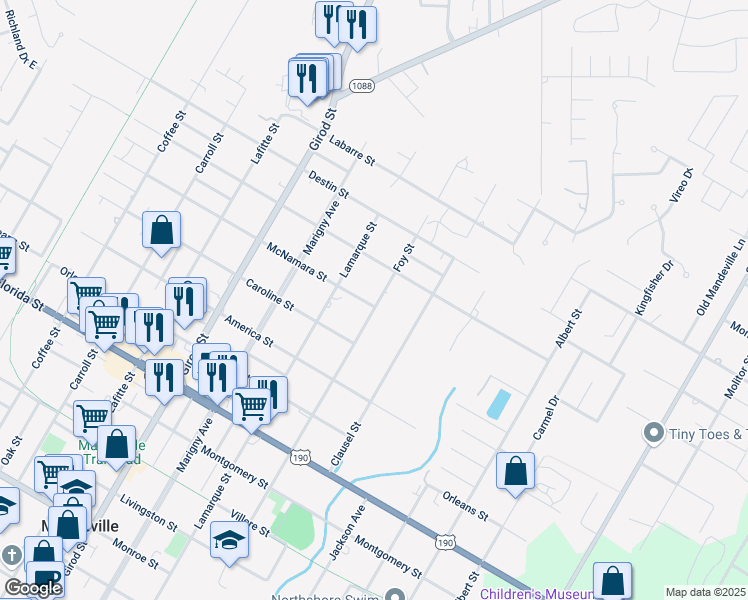 map of restaurants, bars, coffee shops, grocery stores, and more near 1701 McNamara Street in Mandeville