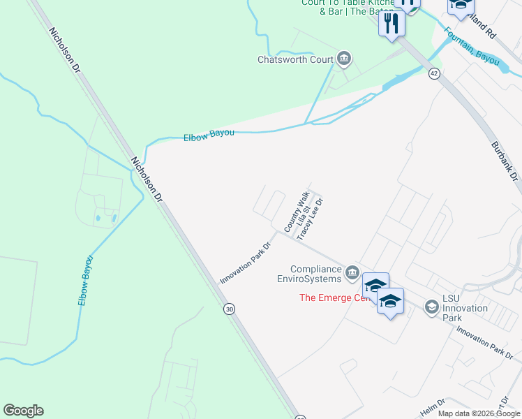 map of restaurants, bars, coffee shops, grocery stores, and more near 7231 Innovation Park Drive in Baton Rouge