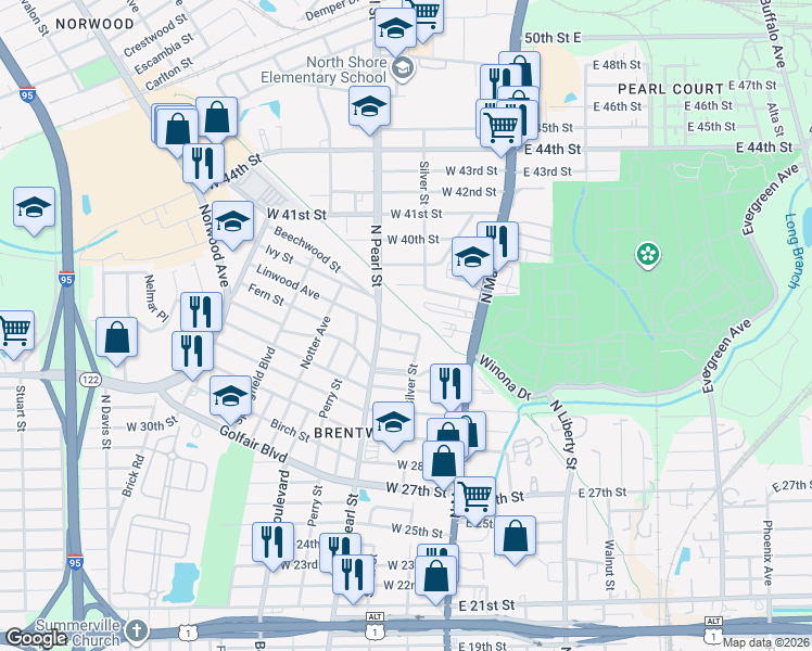 map of restaurants, bars, coffee shops, grocery stores, and more near 115 Fern Street in Jacksonville