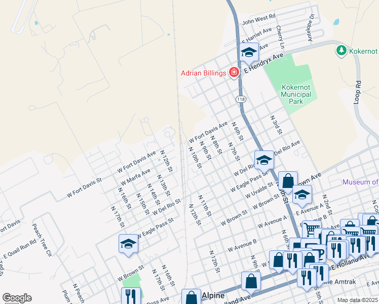 map of restaurants, bars, coffee shops, grocery stores, and more near 1300-1398 North 10th Street in Alpine