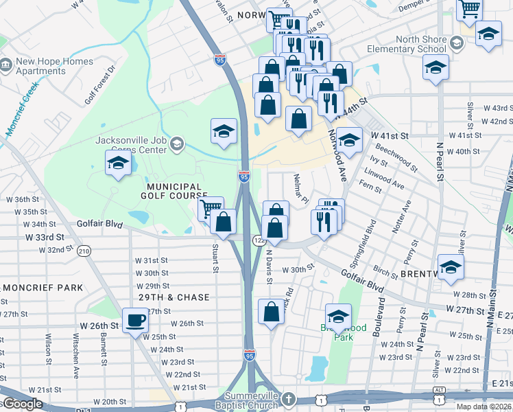 map of restaurants, bars, coffee shops, grocery stores, and more near 4514 West Castlewood Drive in Jacksonville