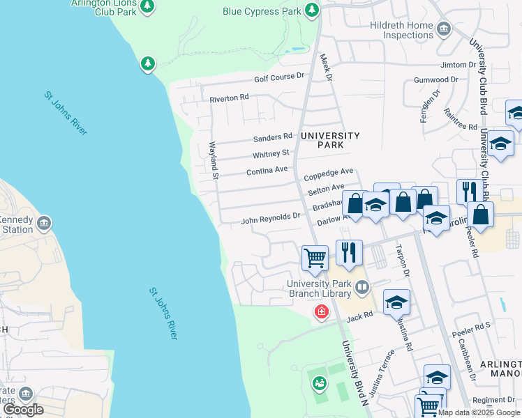 map of restaurants, bars, coffee shops, grocery stores, and more near 5374 John Reynolds Drive in Jacksonville