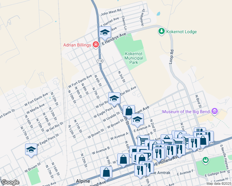 map of restaurants, bars, coffee shops, grocery stores, and more near 1024 North 5th Street in Alpine