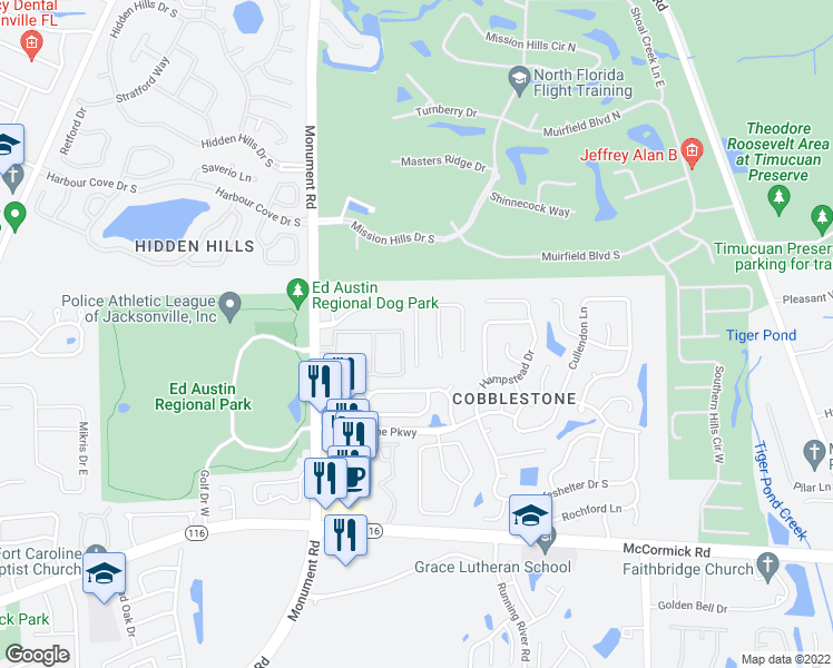 map of restaurants, bars, coffee shops, grocery stores, and more near 3336 Secret Isle Lane in Jacksonville