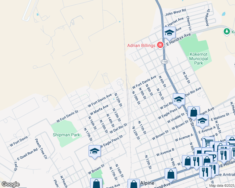 map of restaurants, bars, coffee shops, grocery stores, and more near 708 West Fort Davis Avenue in Alpine