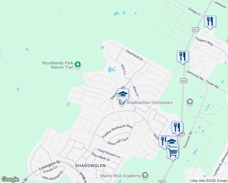 map of restaurants, bars, coffee shops, grocery stores, and more near Shadowglen Trace in Manor