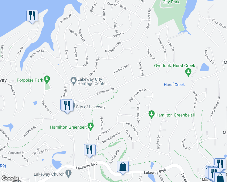 map of restaurants, bars, coffee shops, grocery stores, and more near 222 Sailmaster Street in Lakeway