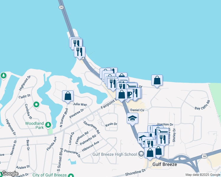map of restaurants, bars, coffee shops, grocery stores, and more near 205 Gulf Breeze Pkwy in Gulf Breeze