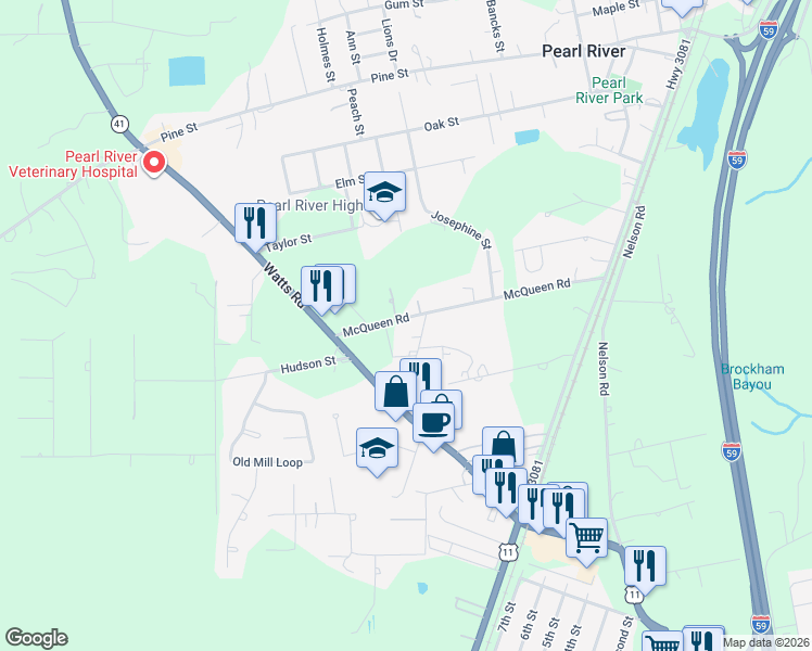 map of restaurants, bars, coffee shops, grocery stores, and more near 64283 Pearl Street in Pearl River