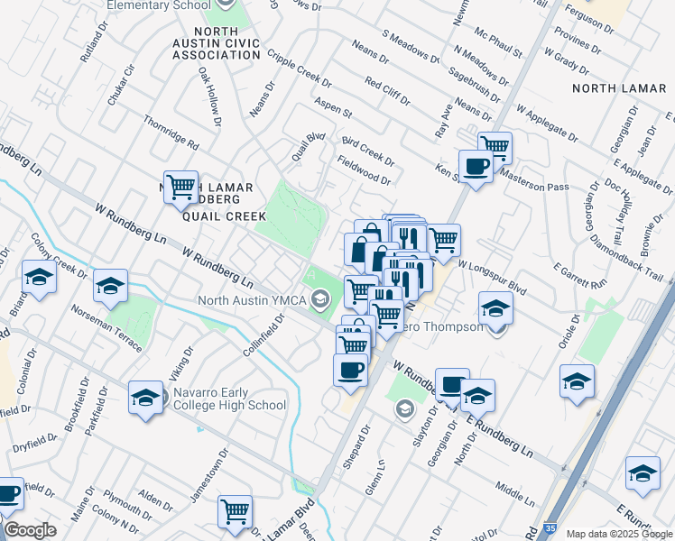 map of restaurants, bars, coffee shops, grocery stores, and more near 901 Park Village Cove in Austin