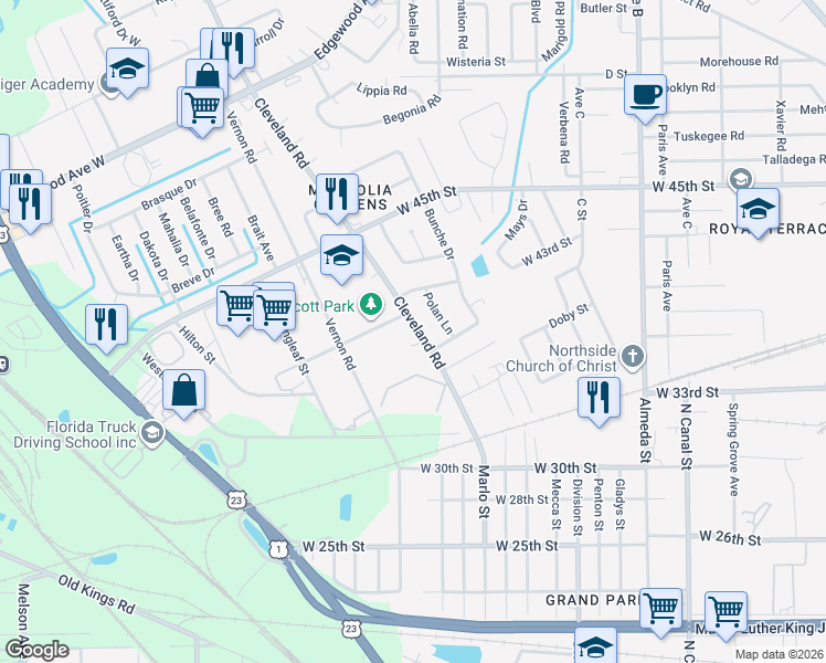 map of restaurants, bars, coffee shops, grocery stores, and more near 5220 Cleveland Road in Jacksonville