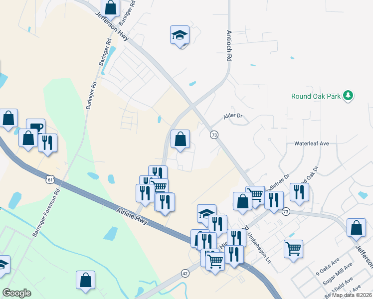 map of restaurants, bars, coffee shops, grocery stores, and more near 16333 Columns Way in Baton Rouge