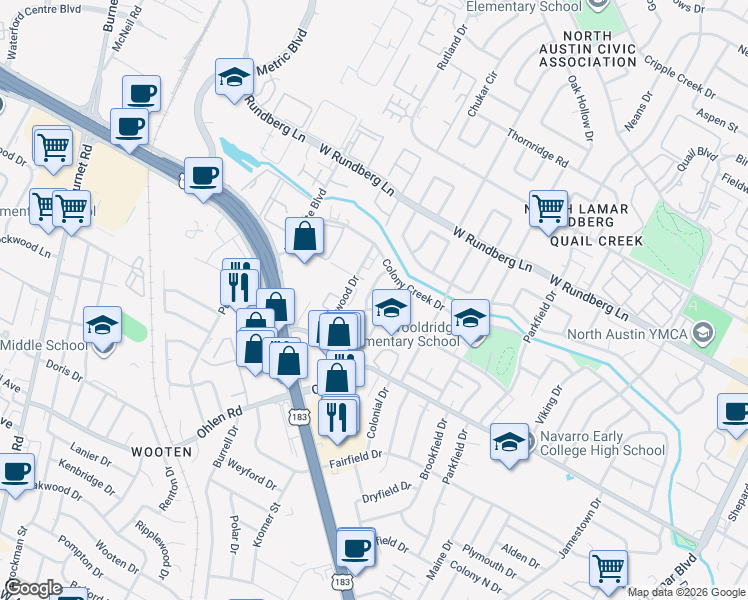 map of restaurants, bars, coffee shops, grocery stores, and more near 8915 Pointer Lane in Austin