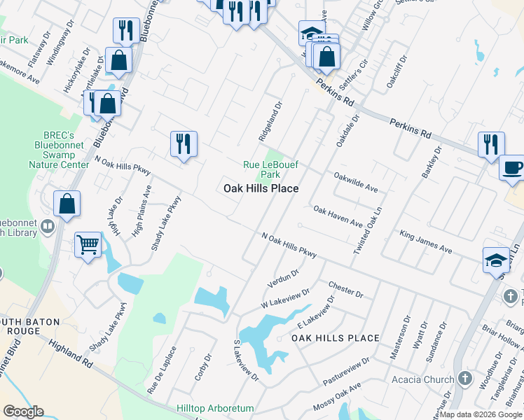 map of restaurants, bars, coffee shops, grocery stores, and more near 1205 Rue Desiree in Baton Rouge