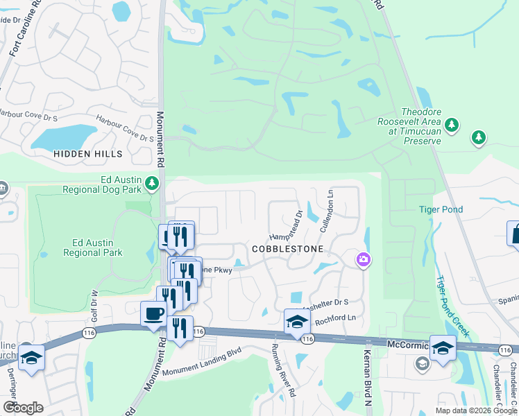 map of restaurants, bars, coffee shops, grocery stores, and more near 3140 Roundham Lane in Jacksonville