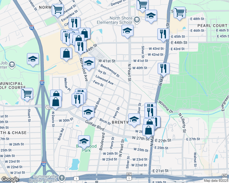 map of restaurants, bars, coffee shops, grocery stores, and more near 438 Long Branch Boulevard in Jacksonville