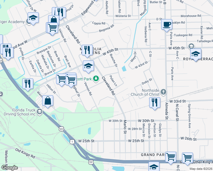 map of restaurants, bars, coffee shops, grocery stores, and more near 5220 Cleveland Road in Jacksonville