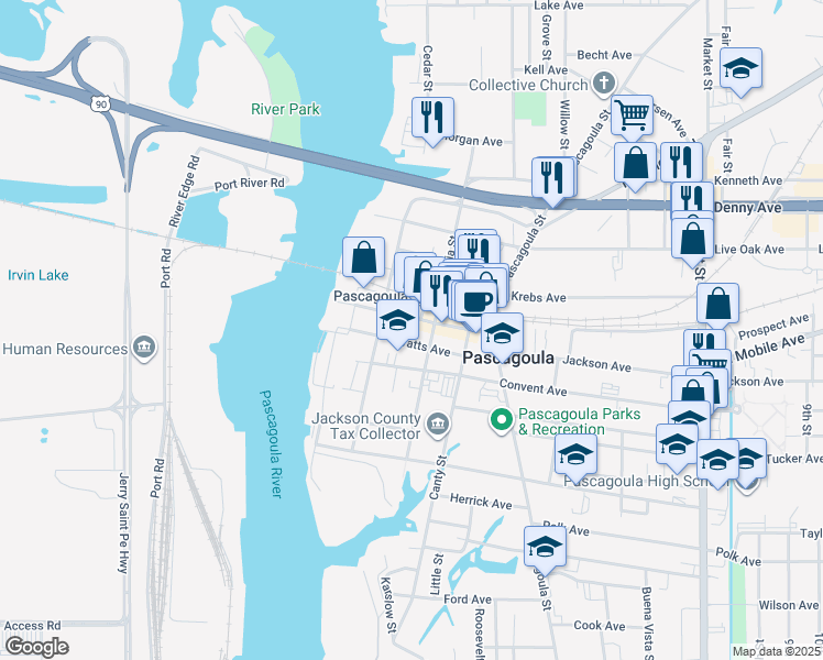 map of restaurants, bars, coffee shops, grocery stores, and more near 200-598 Watts Avenue in Pascagoula