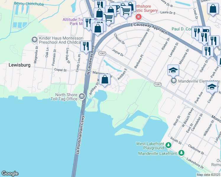 map of restaurants, bars, coffee shops, grocery stores, and more near 114 Saint Croix in Mandeville