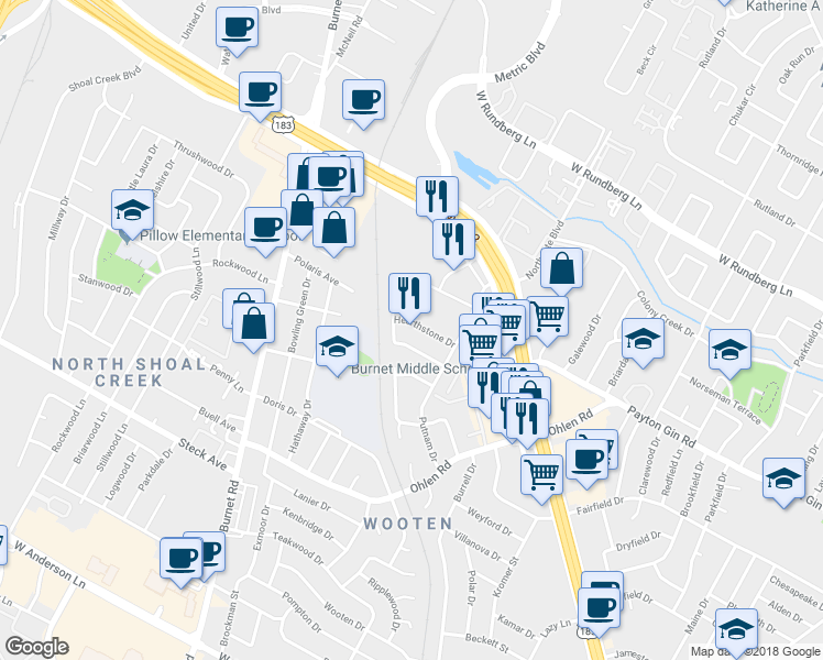 map of restaurants, bars, coffee shops, grocery stores, and more near 1908 Hearthside Drive in Austin