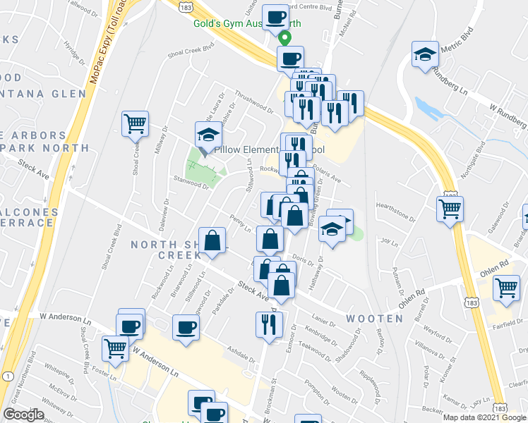 map of restaurants, bars, coffee shops, grocery stores, and more near 8524 Burnet Road in Austin